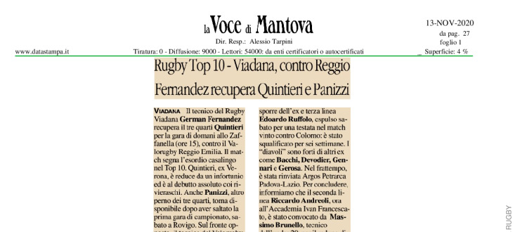 Rugby Top 10: Viadana, contro Reggio Fernandez recupera Quintieri e Panizzi