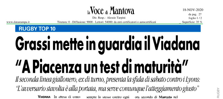 Grassi mette in guardia il Viadana: "A Piacenza un test di maturità"