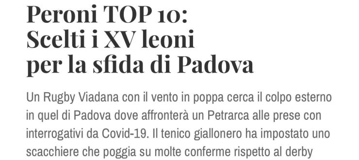 Peroni TOP 10: Scelti i XV leoni per la sfida di Padova