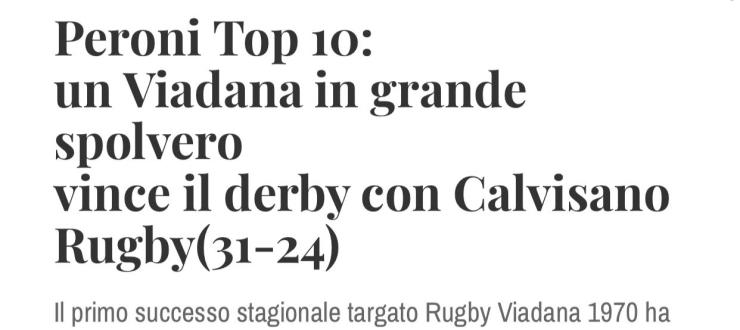 Peroni Top 10: un Viadana in grande spolvero vince il derby con Calvisano Rugby(31-24)