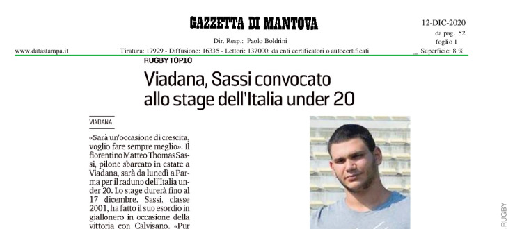 Viadana, Sassi convocato allo stage dell'Italia under 20
