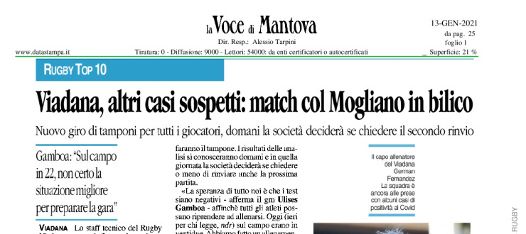 Viadana, altri casi sospetti: match col Mogliano in bilico.