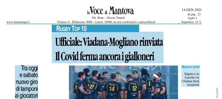 Ufficiale: Viadana-Mogliano rinviata. Il Covid ferma ancora i gialloneri 