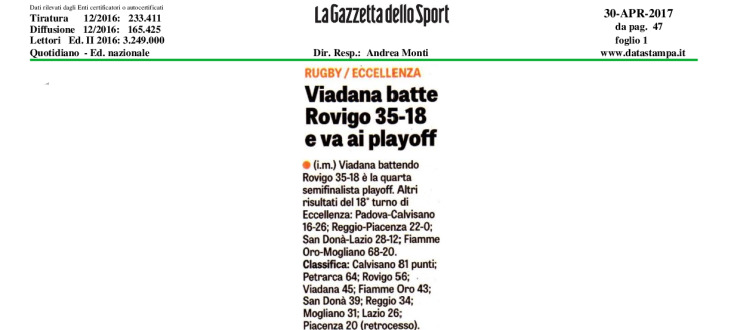 Viadana batte Rovigo 35-18 e va ai playoff