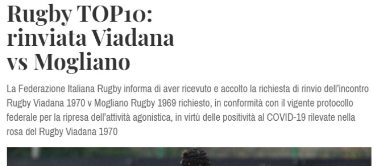 Rugby TOP10: rinviata Viadana vs Mogliano