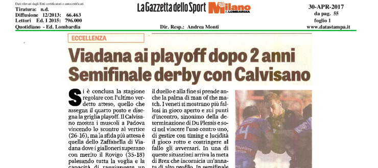 Viadana ai playoff dopo 2 anni. Semifinale derby con il Calvisano