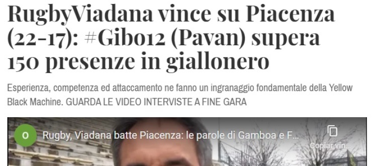 RugbyViadana vince su Piacenza (22-17): #Gibo12 (Pavan) supera 150 presenze in giallonero