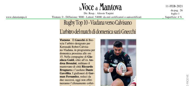 Rugby Top10 - Viadana verso Calvisano. L'arbitro del match di domenica sarà Gnecchi 