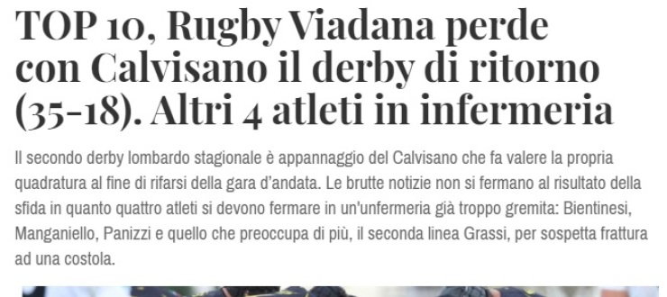 TOP 10, Rugby Viadana perde con Calvisano il derby di ritorno (35-18). Altri 4 atleti in infermeria