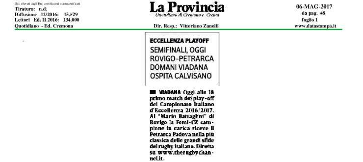 Eccellenza playoff. Semifinali, oggi Rovigo-Petrarca, domani Viadana ospita Calvisano