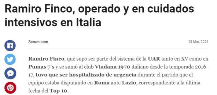 Ramiro Finco, operado y en cuidados intensivos en Italia