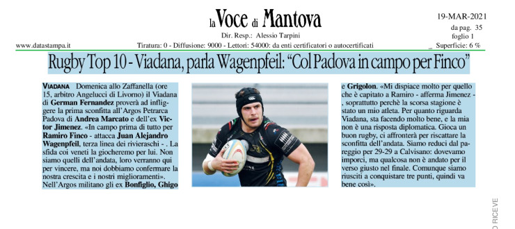 Rugby Top10 - Viadana, parla Wagenpfeil: "Col Padova in campo per Finco"