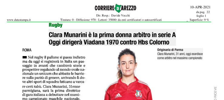 Clara Munarini è la prima donna arbitro in serie A. Oggi dirigerà Viadana 1970 contro Hbs Colorno  