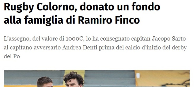 Rugby Colorno, donato un fondo alla famiglia di Ramiro Finco