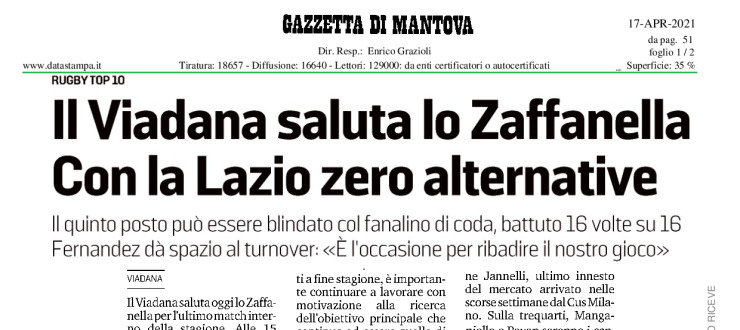 Il Viadana saluta lo Zaffanella. Con la Lazio zero alternative