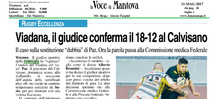 Viadana, il giudice conferma il 18-12 al Calvisano