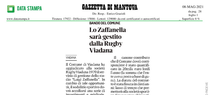 Lo Zaffanella sarà gestito dalla Rugby Viadana