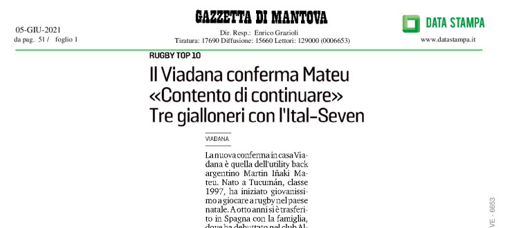 Il Viadana conferma Mateu "Contento di continuare". Tre gialloneri con l'Ital-Seven