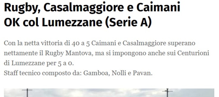 Rugby, Casalmaggiore e Caimani OK col Lumezzane (Serie A)