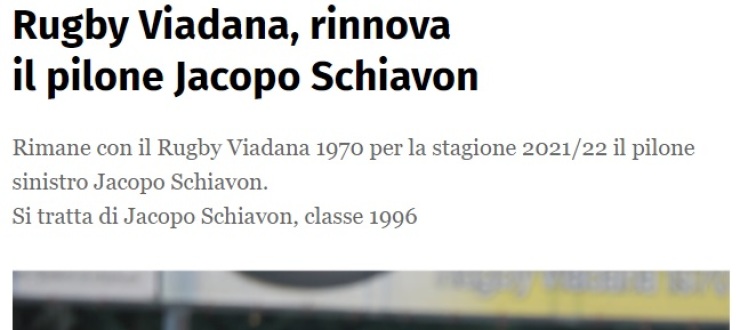 Rugby Viadana, rinnova il pilone Jacopo Schiavon