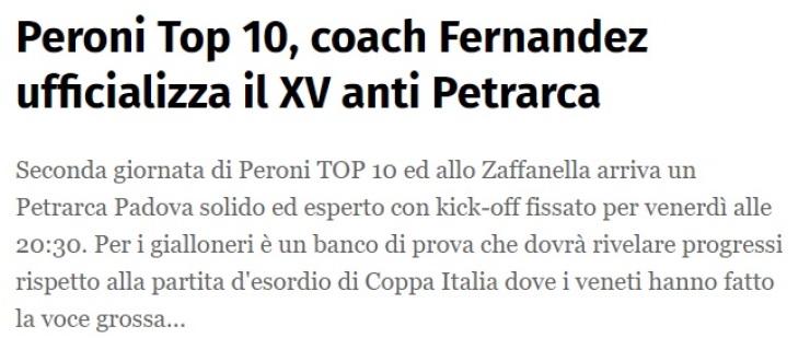 Peroni Top 10, coach Fernandez ufficializza il XV anti Petrarca
