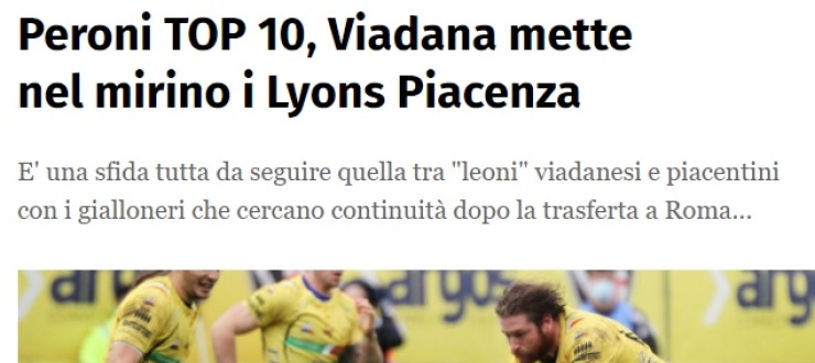 Peroni TOP 10, Viadana mette nel mirino i Lyons Piacenza