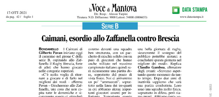 Caimani, esordio allo Zaffanella contro Brescia