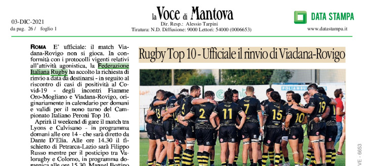 Rugby Top10 - Ufficiale il rinvio di Viadana-Rovigo