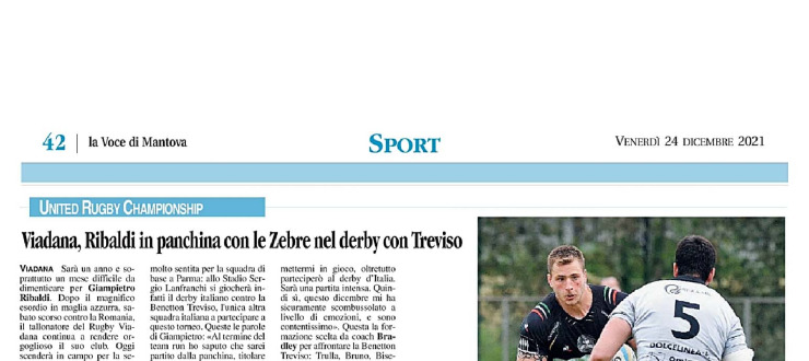 Viadana, Ribaldi in panchina con le Zebre nel derby con Treviso