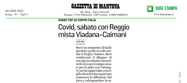 Covid, sabato con Reggio mista Viadana-Caimani