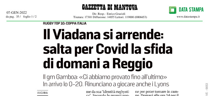 Il Viadana si arrende: salta per Covid la sfida di domani a Reggio