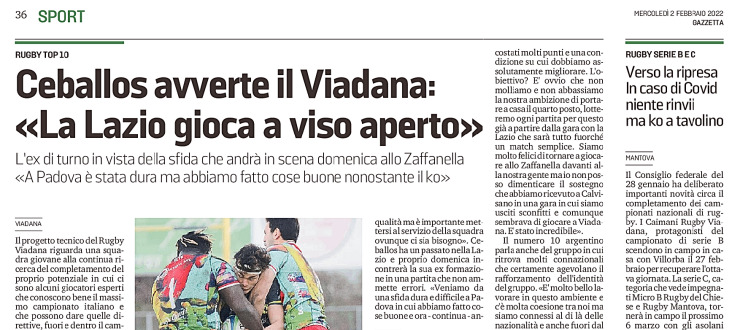 Ceballos avverte il Viadana:<<La Lazio gioca a viso aperto>>