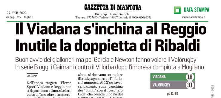 Il Viadana s'inchina al Reggio. Inutile la doppietta di Ribaldi