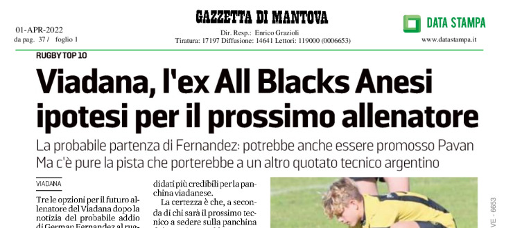 Viadana, l'ex All Blacks Anesi ipotesi per il prossimo allenatore