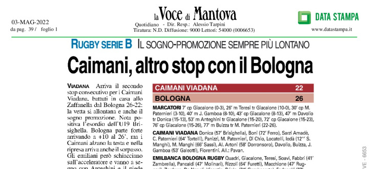 Caimani, altro stop con il Bologna