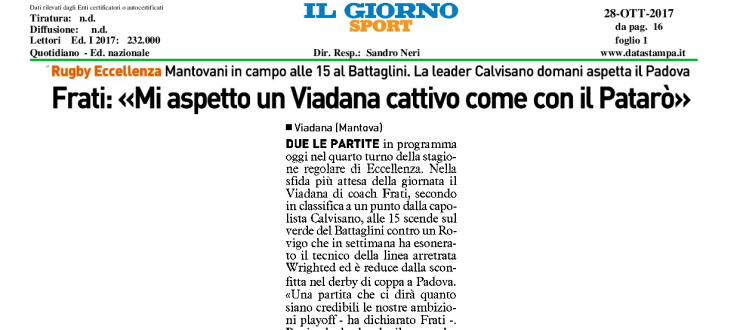 Frati: "Mi aspetto un Viadana cattivo come contro il Patarò"