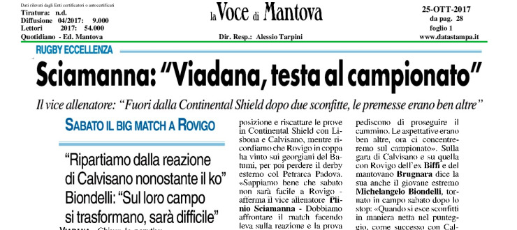 Sciamanna: "Viadana, testa al campionato"