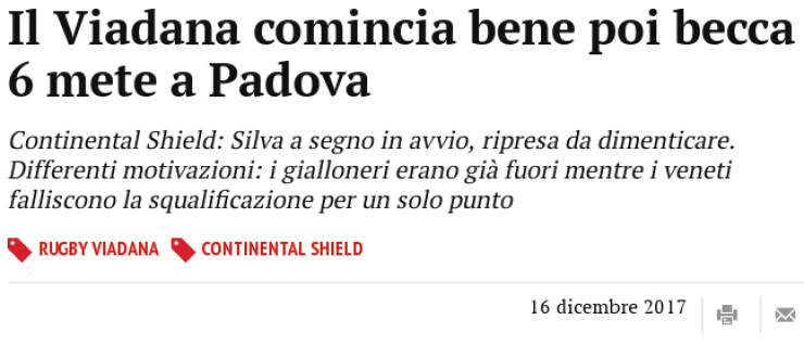 Il Viadana comincia bene poi becca 6 mete a Padova 