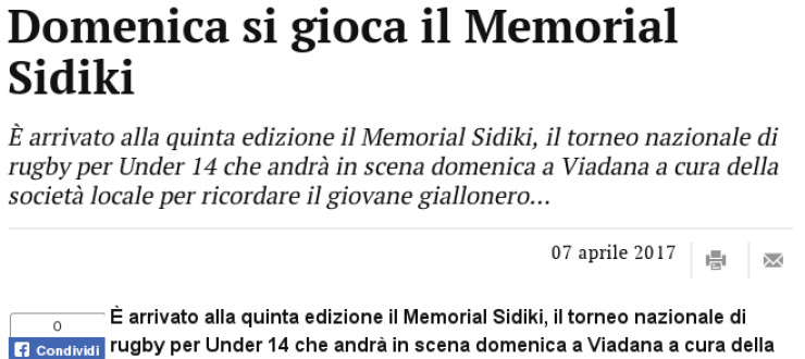 Domenica si gioca il Memorial Sidiki