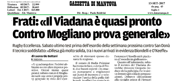 Frati: "Il Viadana è quasi pronto. Contro Mogliano prova generale"