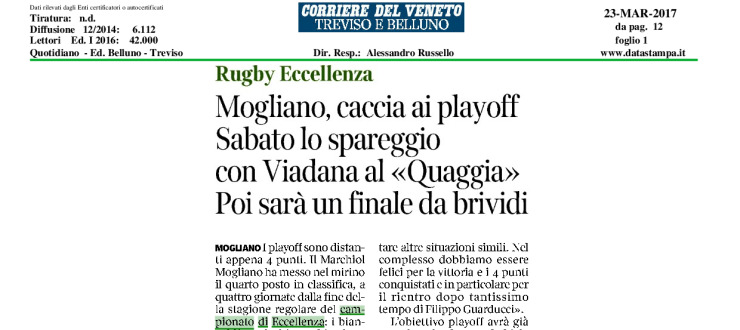 Mogliano, caccia ai playoff. Sabato lo spareggio con Viadana al "Quaggia"