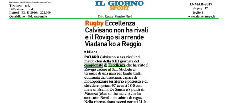 Eccellenza. Calvisano non ha rivali e il Rovigo si arrende. Viadana ko a Reggio