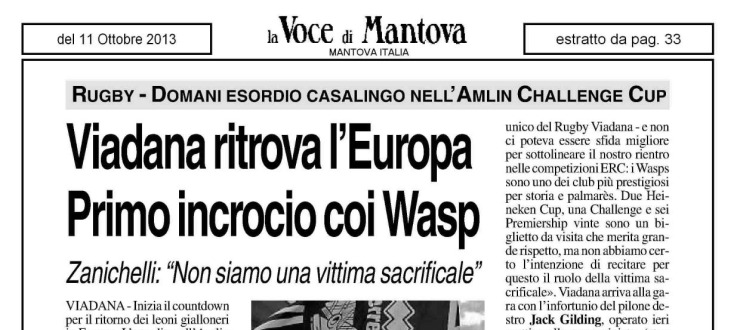 Viadana ritrova l'Europa. Primo incrocio coi Wasps