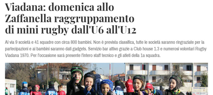 Viadana: domenica allo Zaffanella raggruppamento di mini rugby dall'U6 all'U12