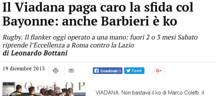 Il Viadana paga caro la sfida col Bayonne: anche Barbieri è ko 