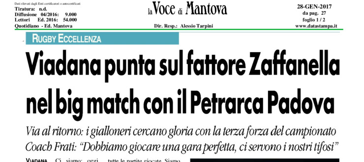 Viadana punta sul fattore Zaffanella nel big match con il Petrarca Padova