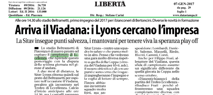 Arriva il Viadana: i Lyons cercano l'impresa