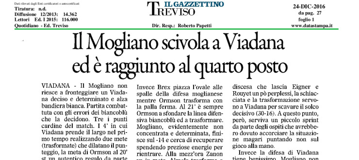 Il Mogliano scivola a Viadana ed è raggiunto al quarto posto