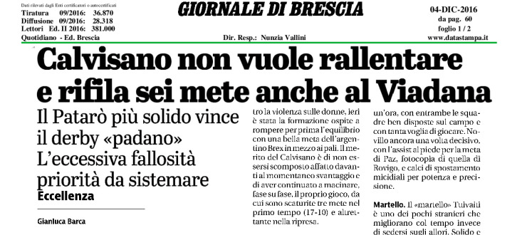 Calvisano non vuole rallentare e rifila sei mete anche al Viadana