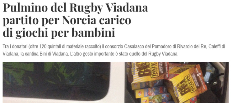 Pulmino del Rugby Viadana partito per Norcia carico di giochi per bambini